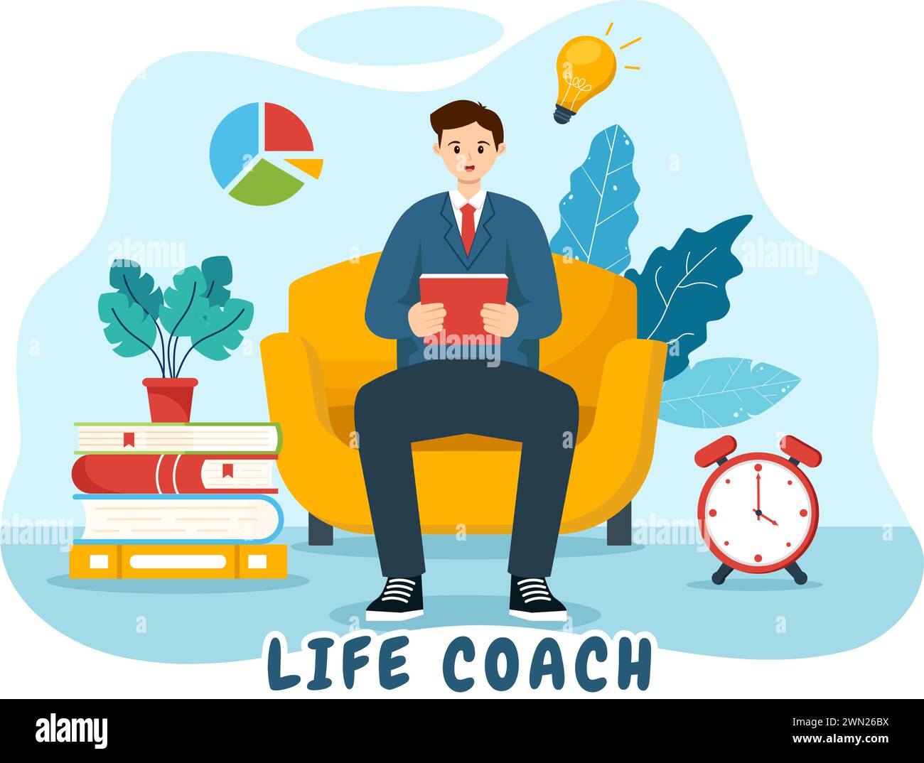 Illustrazione vettoriale di Life Coach per consulenze, formazione, motivazione, prospettiva di mentoring e autoformazione in un contesto di fumetti piano aziendale Illustrazione Vettoriale