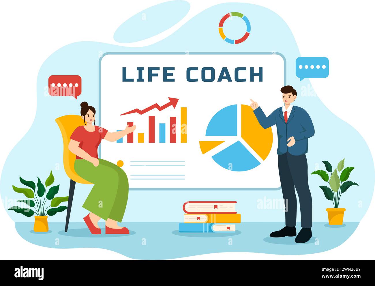 Illustrazione vettoriale di Life Coach per consulenze, formazione, motivazione, prospettiva di mentoring e autoformazione in un contesto di fumetti piano aziendale Illustrazione Vettoriale