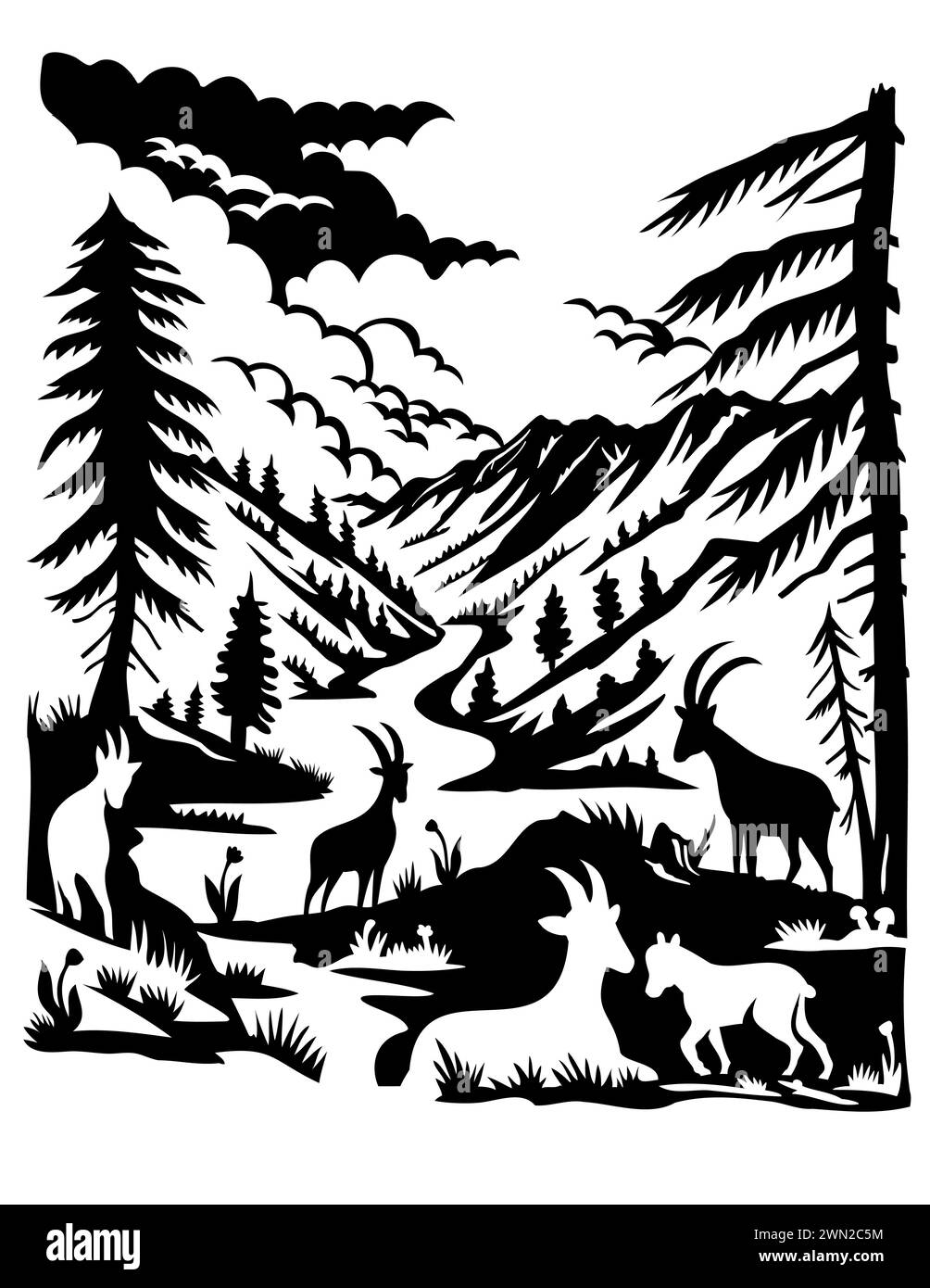 Illustrazione svizzera di scherenschnitt o forbici tagliate con sagoma dello stambecco con la Val Trupchun situata nel Parco Nazionale Svizzero nelle Alpi Retiche occidentali, SWI Foto Stock