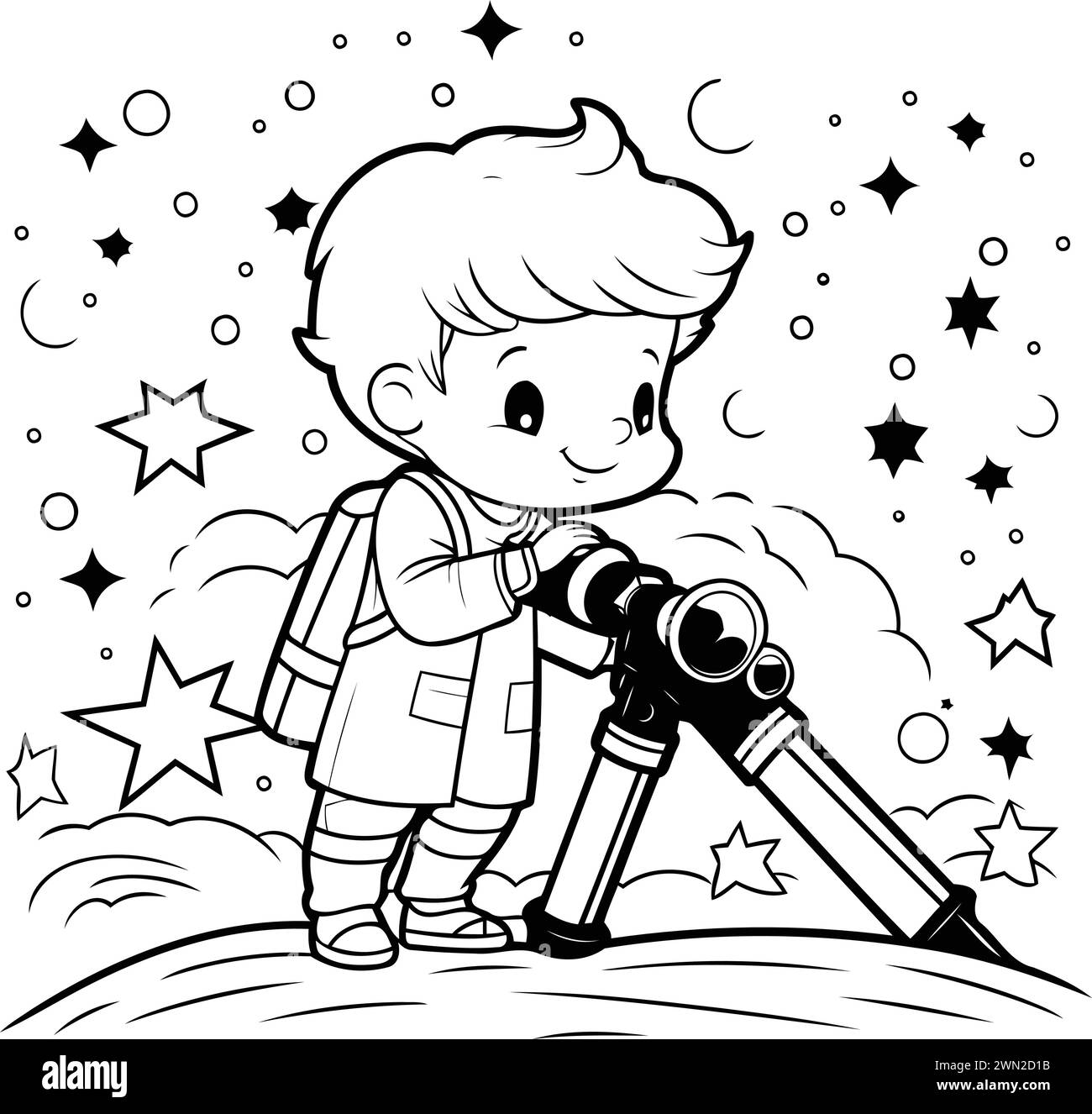 Ragazzo con telescopio sullo sfondo del cielo stellato. Illustrazione vettoriale. Illustrazione Vettoriale