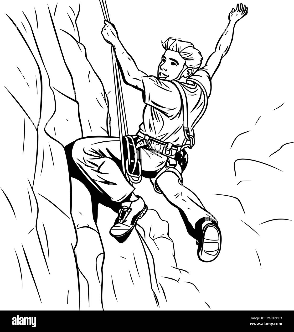 illustrazione di un arrampicatore che salta sopra una scogliera con le mani in alto Illustrazione Vettoriale