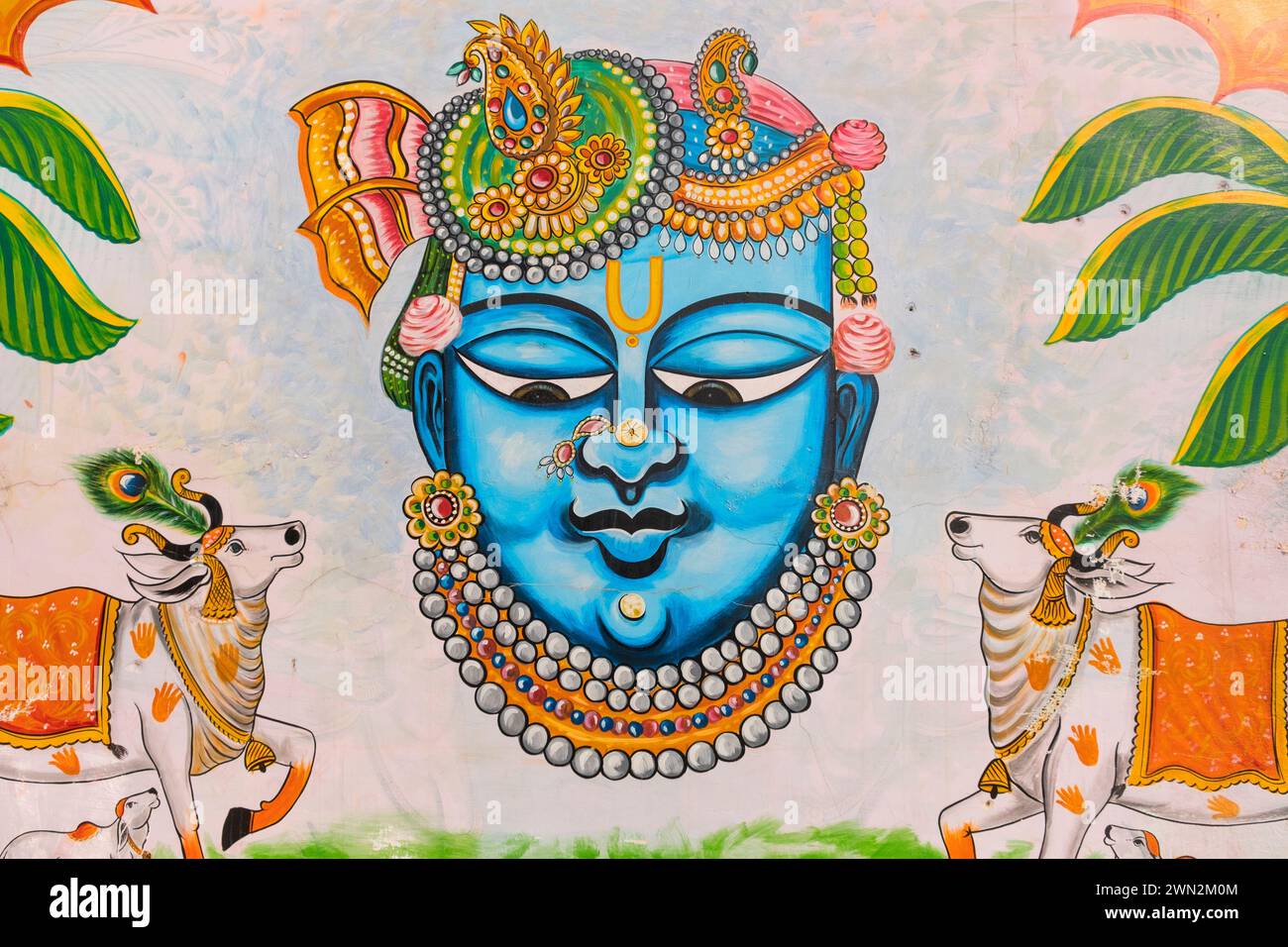 Krishna wall painting Chandpol Udaipur Rajasthan India Foto Stock