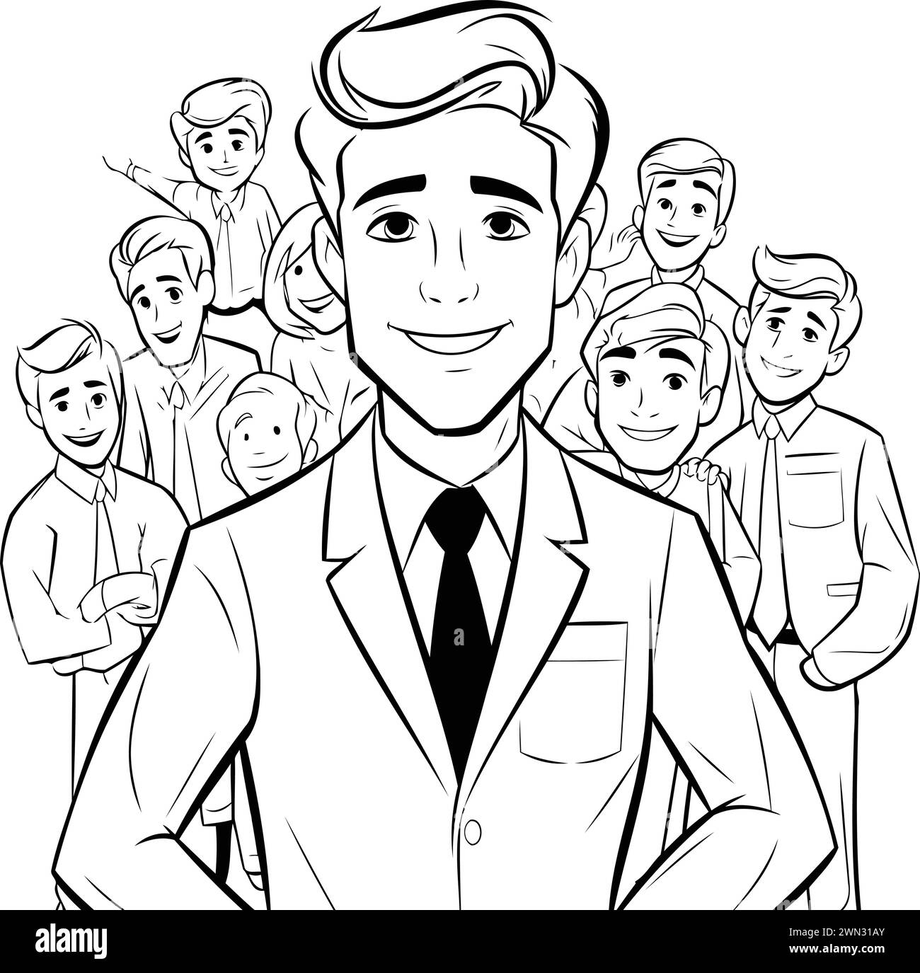 Uomo d'affari con un gruppo di persone. Illustrazione vettoriale. Libro da colorare per adulti. Illustrazione Vettoriale