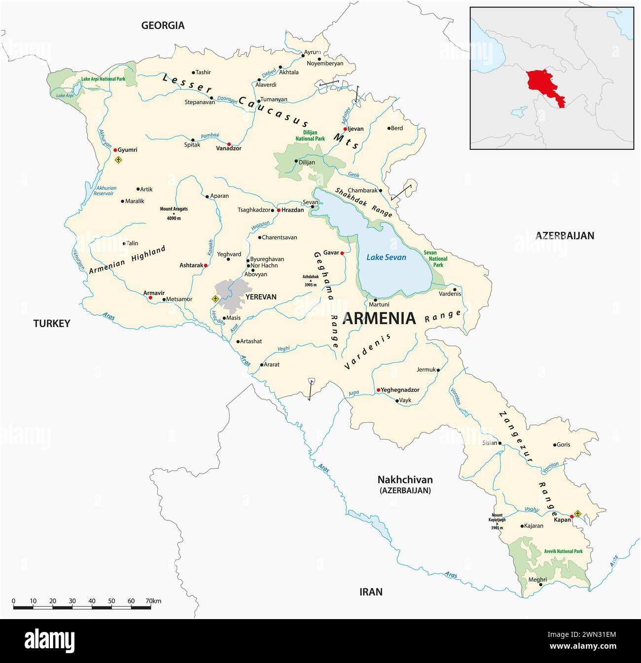Mappa vettoriale dettagliata dello stato mediorientale dell'Armenia Foto Stock