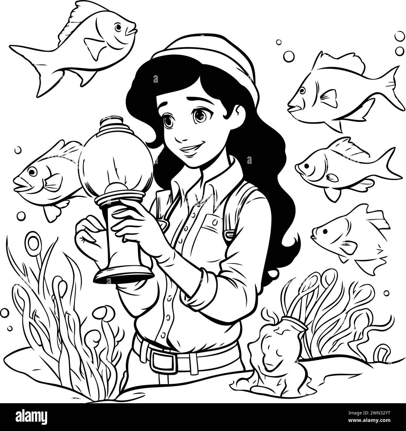 Illustrazione di un cartone animato di una ragazza che tiene una lanterna e guarda i pesci Illustrazione Vettoriale