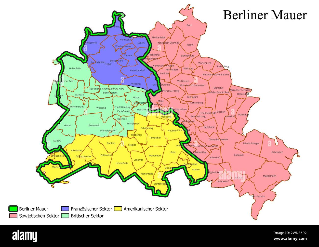 Mappa del corso del muro di Berlino con piccoli quartieri (Ortsteile) Foto Stock