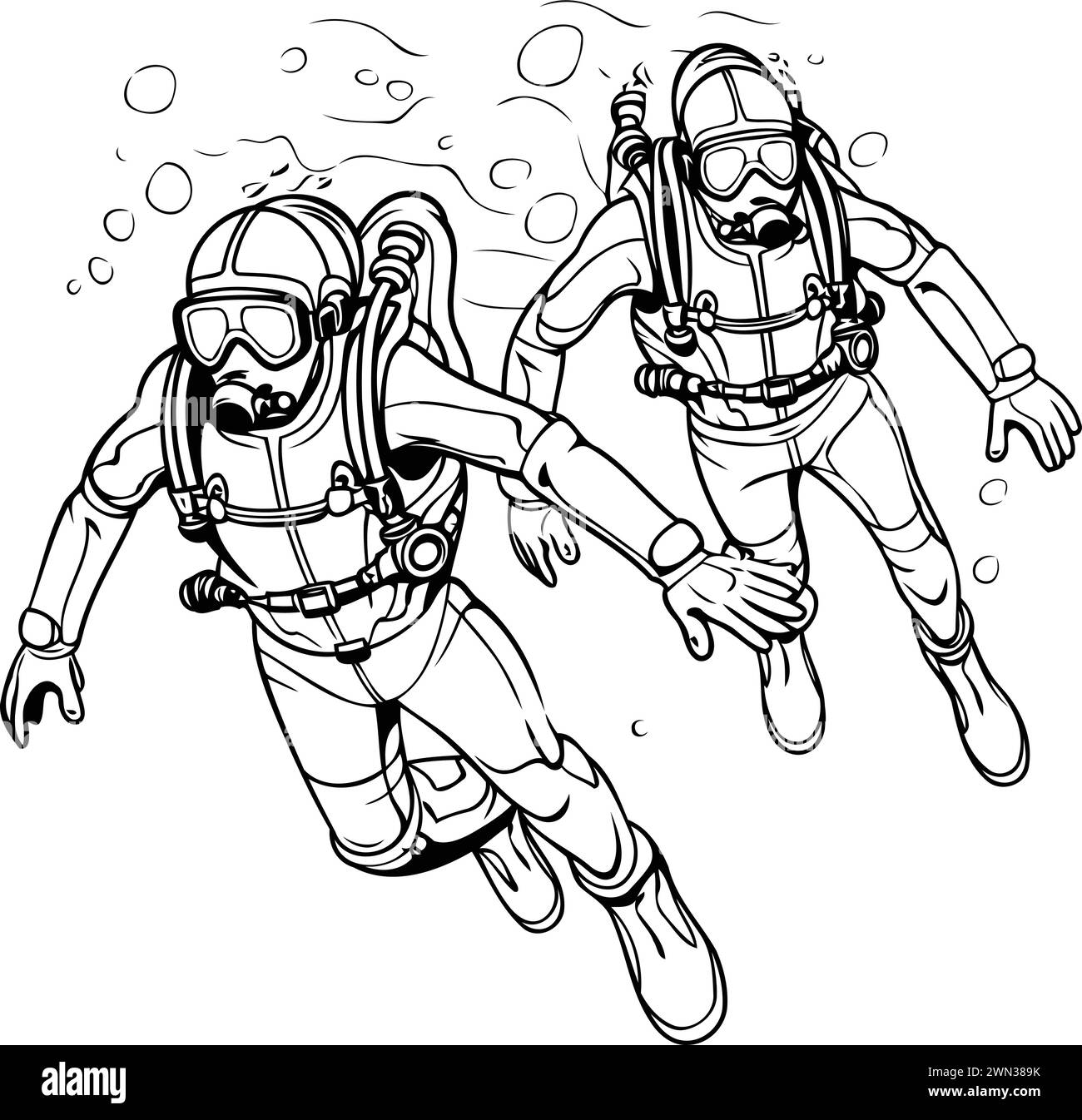 Uomini subacquei. Illustrazione vettoriale in bianco e nero per il libro da colorare. Illustrazione Vettoriale