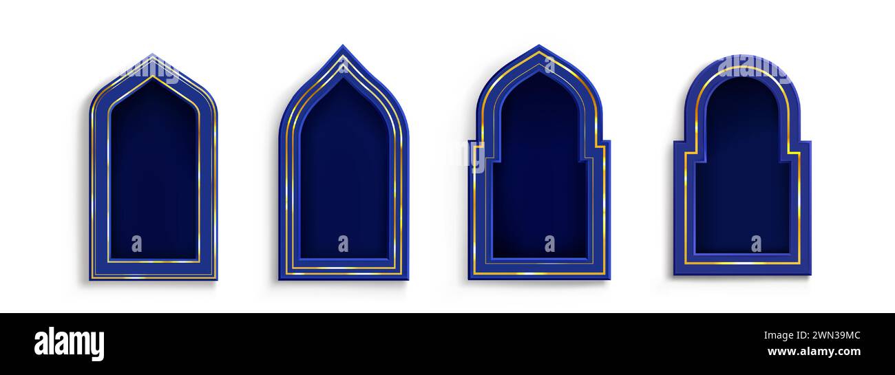 Cornice araba sotto forma di finestra di forma tradizionale per le congratulazioni di intestazione e testo. Serie di illustrazioni vettoriali realistiche con bordo ad arco blu con decorazione dorata. Casella di testo semplice e modello banner. Illustrazione Vettoriale