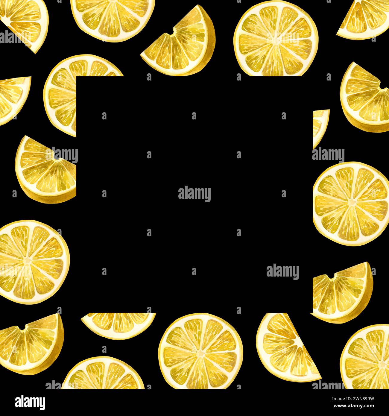 Illustrazione acquerello. Cornice quadrata di fette di limone gialle disegnate ad acquerello su sfondo nero. Adatto per la stampa su tessuto e carta Foto Stock