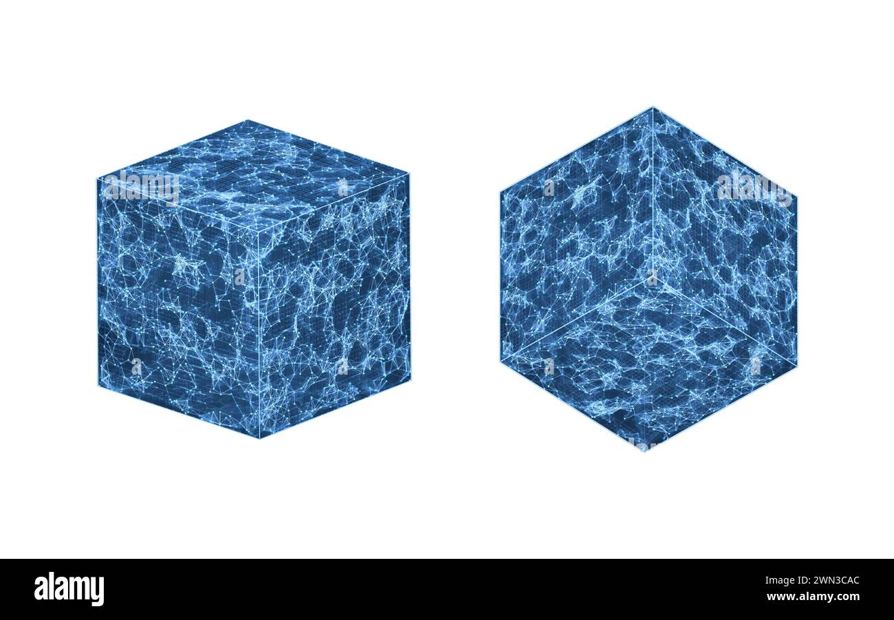 Cubo con struttura con linee luminose blu, rendering 3d. Illustrazione 3D. Foto Stock