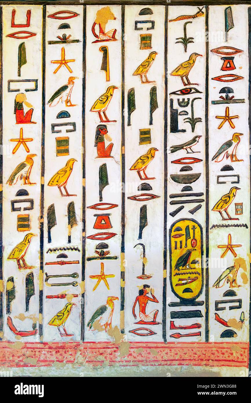 Dettaglio dei coloratissimi geroglifici dipinti a rilievo nella tomba di Nefertari nella Valle delle Regine, sponda occidentale di Luxor, Egitto. Decorazioni e decorazioni egiziane Foto Stock