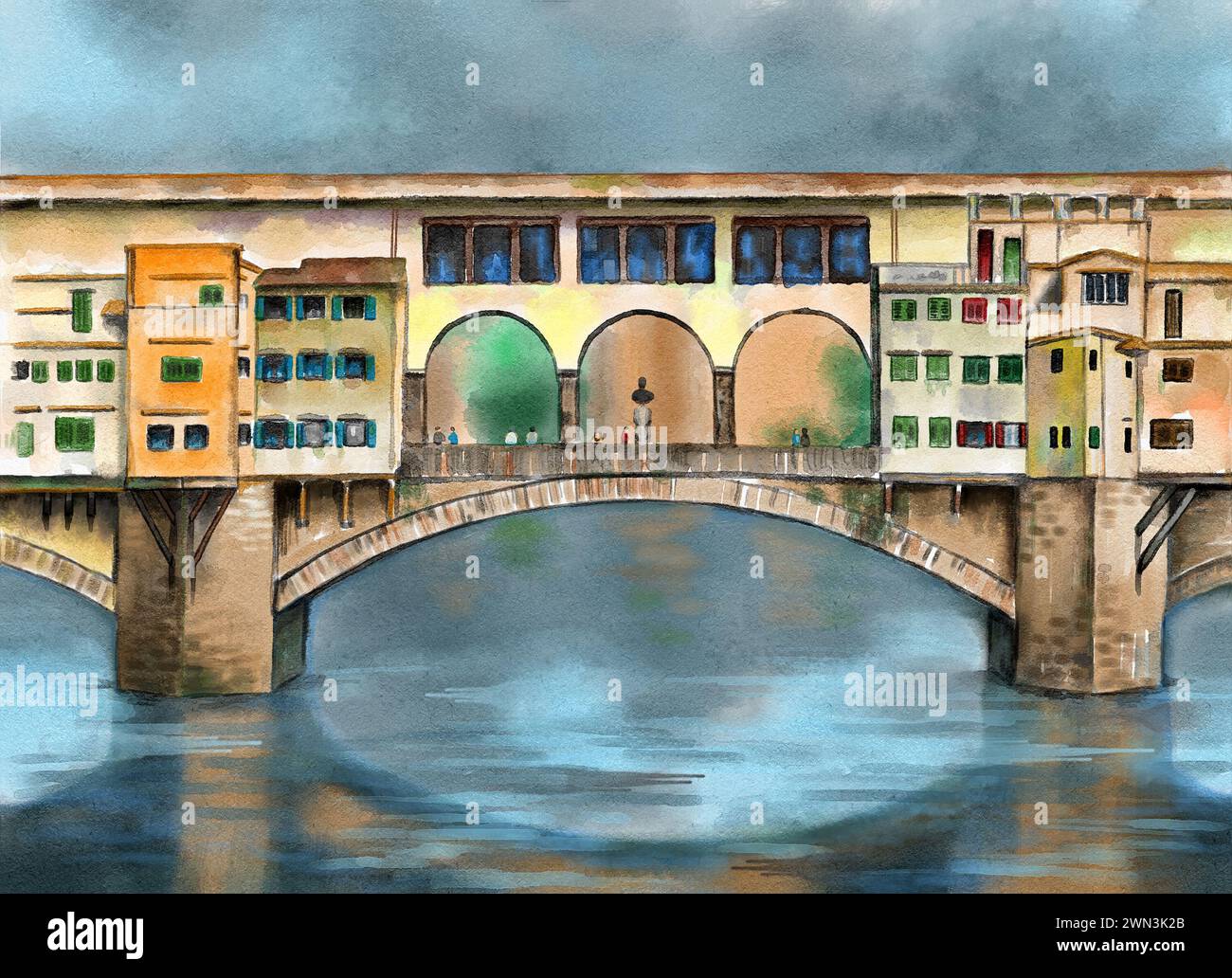 Dipinto ad acquerello originale raffigurante il ponte vecchio da Firenze in Toscana, Italia. Foto Stock