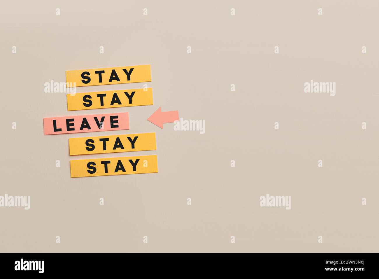 Una serie di note adesive gialle presenta uno scenario decisionale concettuale con le parole che rimangono e lasciano scritte su di esse Foto Stock