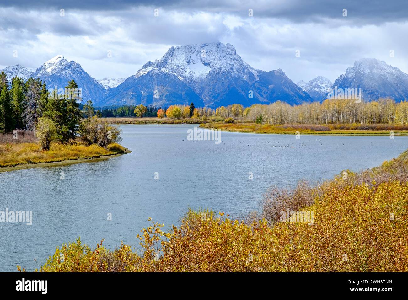 Oxbow Bend a Snake River e Mount Moran nel Grand Teton National Park in autunno nel Wyoming Foto Stock