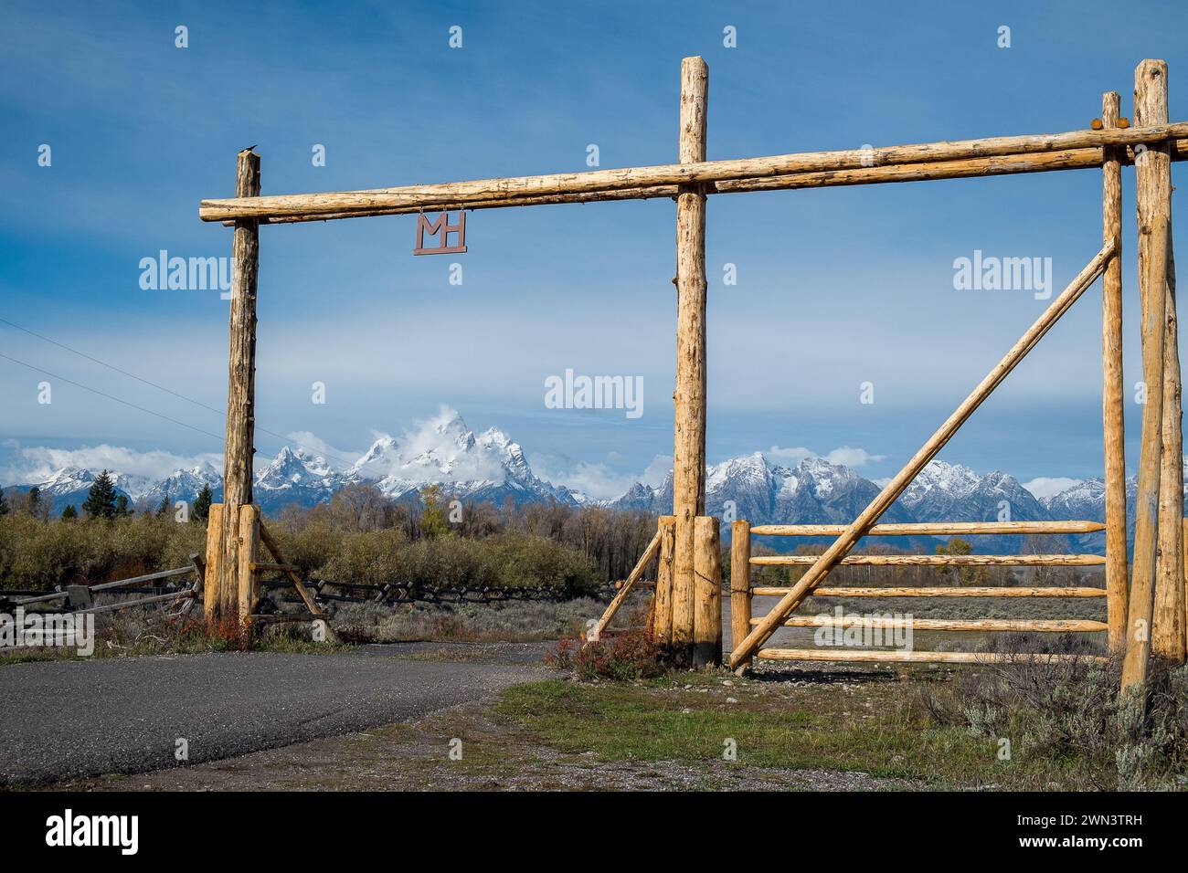 Porta a un ranch nel Grand Teton National Park in autunno nel Wyoming Foto Stock
