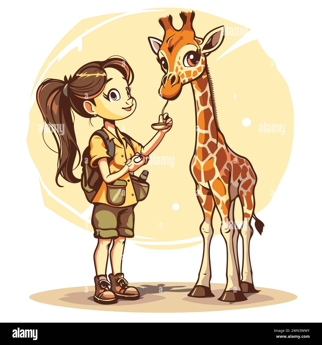 Una bambina carina nutre la giraffa. Illustrazione vettoriale in stile cartone animato Illustrazione Vettoriale