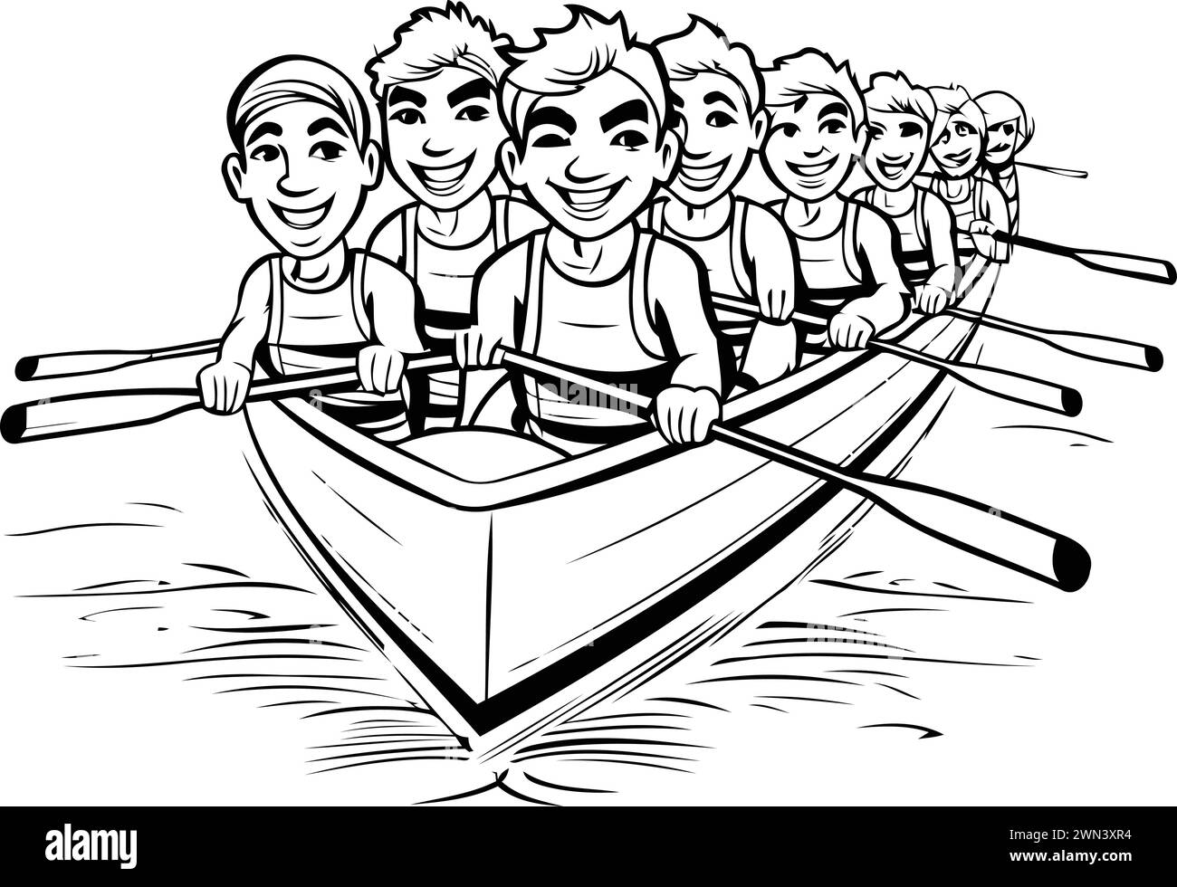 illustrazione in bianco e nero di una squadra di canottaggio con barca a remi Illustrazione Vettoriale