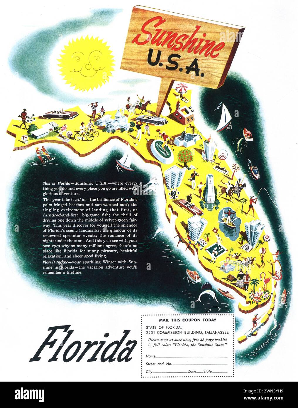 Annuncio pubblicitario 1950 Florida Travel. Florida Sunshine U.S.A. Foto Stock