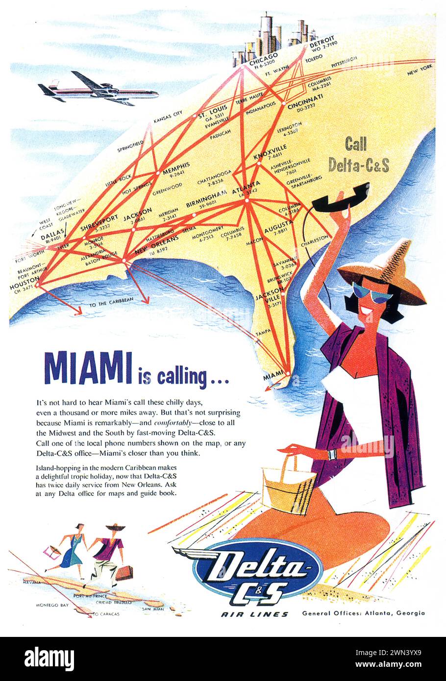 1954 Delta C & S Air Lines Stampa ad. "Miami sta chiamando" Foto Stock