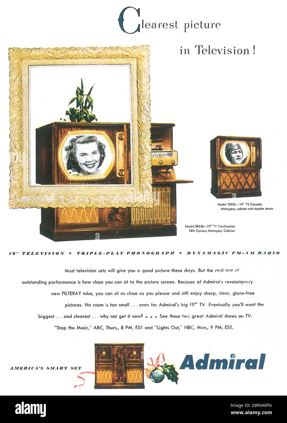 1950 pubblicità a mezzo stampa Admiral tv. "L'insieme intelligente dell'America. televisione da 19'' - radio fm-am con tripla riproduzione-fonografo-dinamagica" Foto Stock