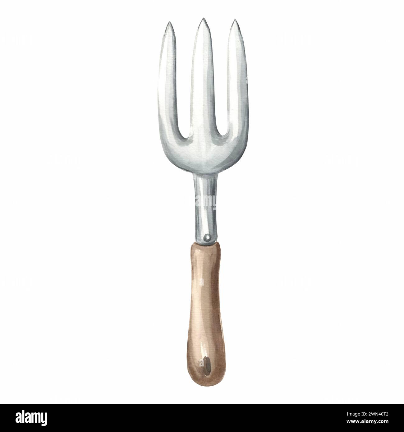 Attrezzo da giardinaggio, rastrello, forchetta, .illustrazione acquerello dell'inventario del giardino. Argomento isolato di orticoltura disegnata a mano. Modello di disegno della ruggine della fattoria Foto Stock