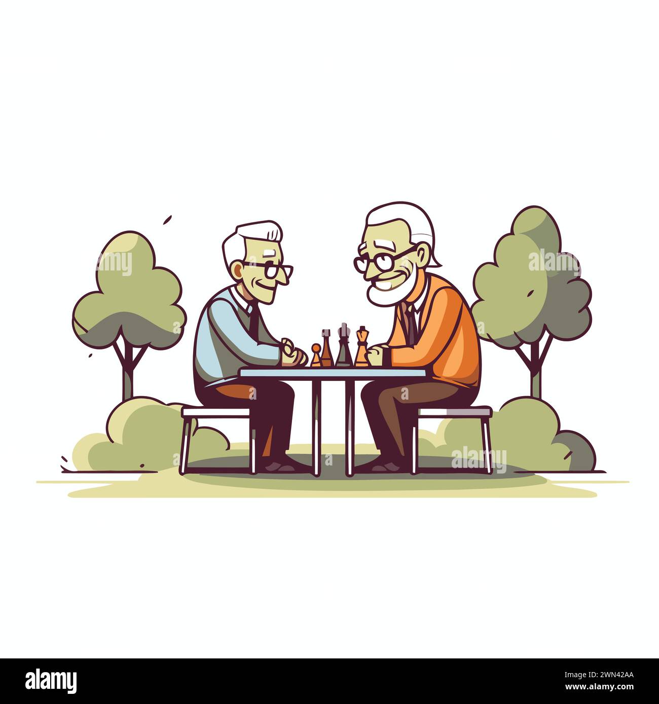 I vecchi che giocano a scacchi nel parco. Nonno e nonno. Illustrazione vettoriale in stile cartone animato Illustrazione Vettoriale