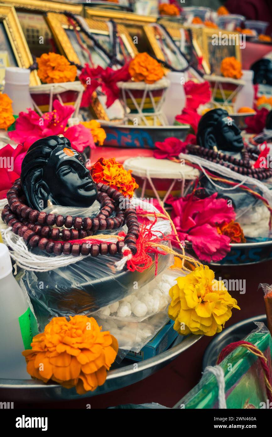 Dal 13 al 2024 febbraio, Rishikesh Uttarakhand India. Fiera Uttarakhand MahaShivratri: Statue Adiyogi Shiva e bancarelle decorate Foto Stock