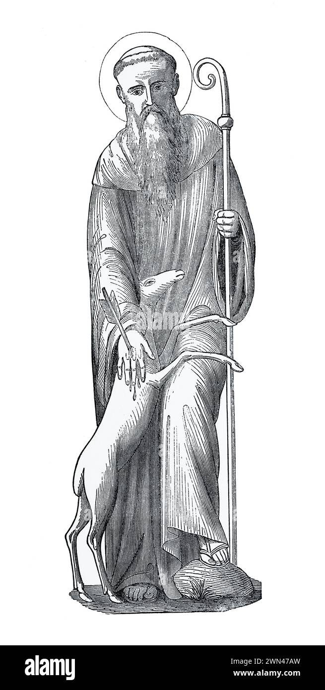 St Giles proteggendo l'hind dalla freccia del cacciatore: Engraving from Lives of the Saints by the Reverend Sabin Baring-Gould, pubblicato nel 1898 Foto Stock