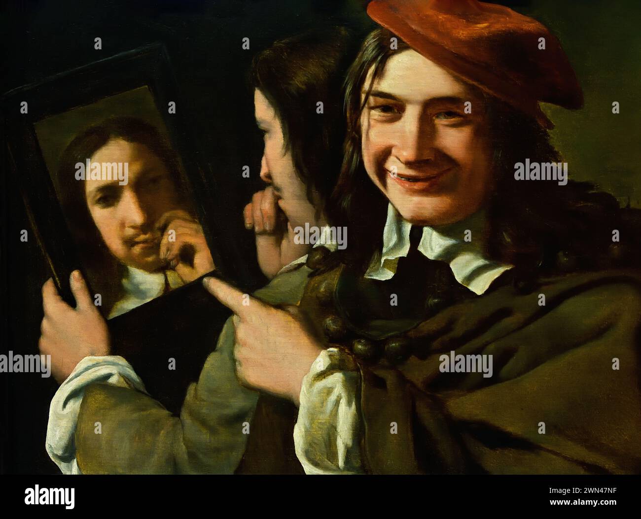Un giovane sorridente e stuzzicante divertimento a un uomo che ammira la sua riflessione in uno specchio - Allegoria della vanità. Di Michael Sweerts 1618-1664 Royal Museum of fine Arts, Anversa, Belgio, Belgio. Foto Stock