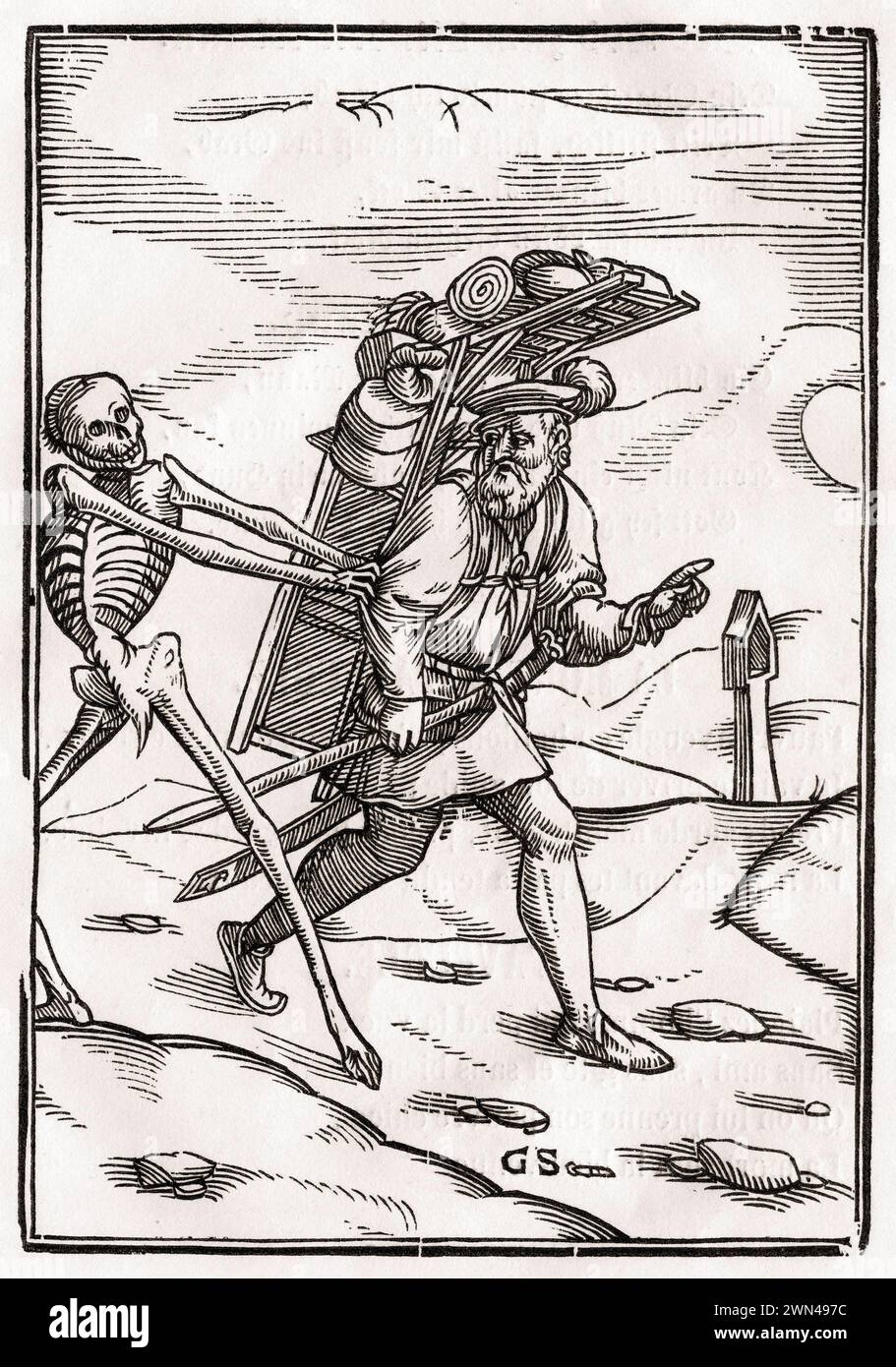 Der Tod kommt zum Hausierer Holzschnitt von Georg Scharffenberg nach Hans Holbein d. J. Aus Der Todten Tanz, erschienen Basilea 1843 / la morte arriva a th Foto Stock