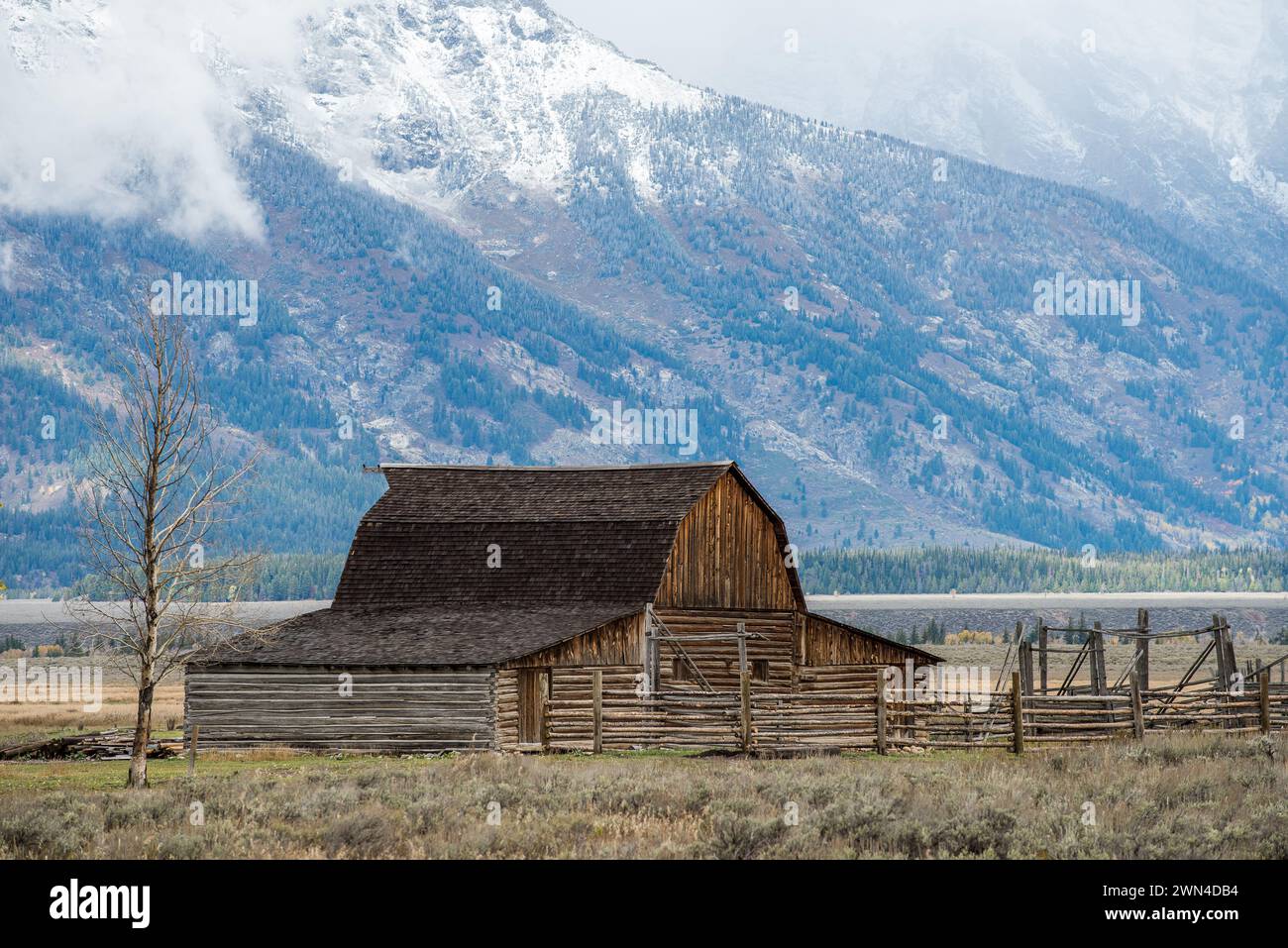 Antelope Flats e Mormon Row con la catena dei Teton sullo sfondo del Grand Teton National Park in autunno nel Wyoming. Foto Stock