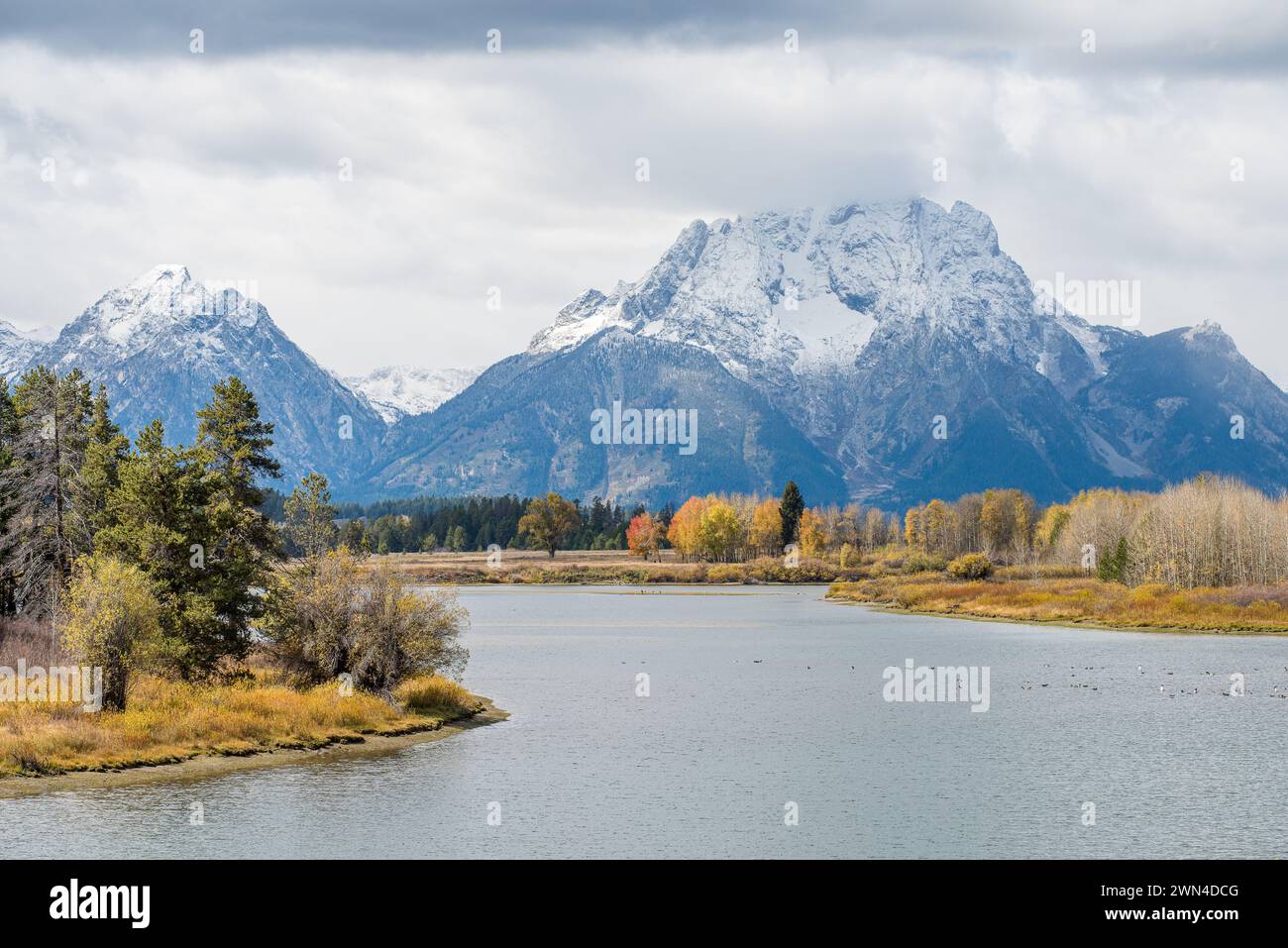 Oxbow Bend a Snake River e Mount Moran nel Grand Teton National Park in autunno nel Wyoming Foto Stock