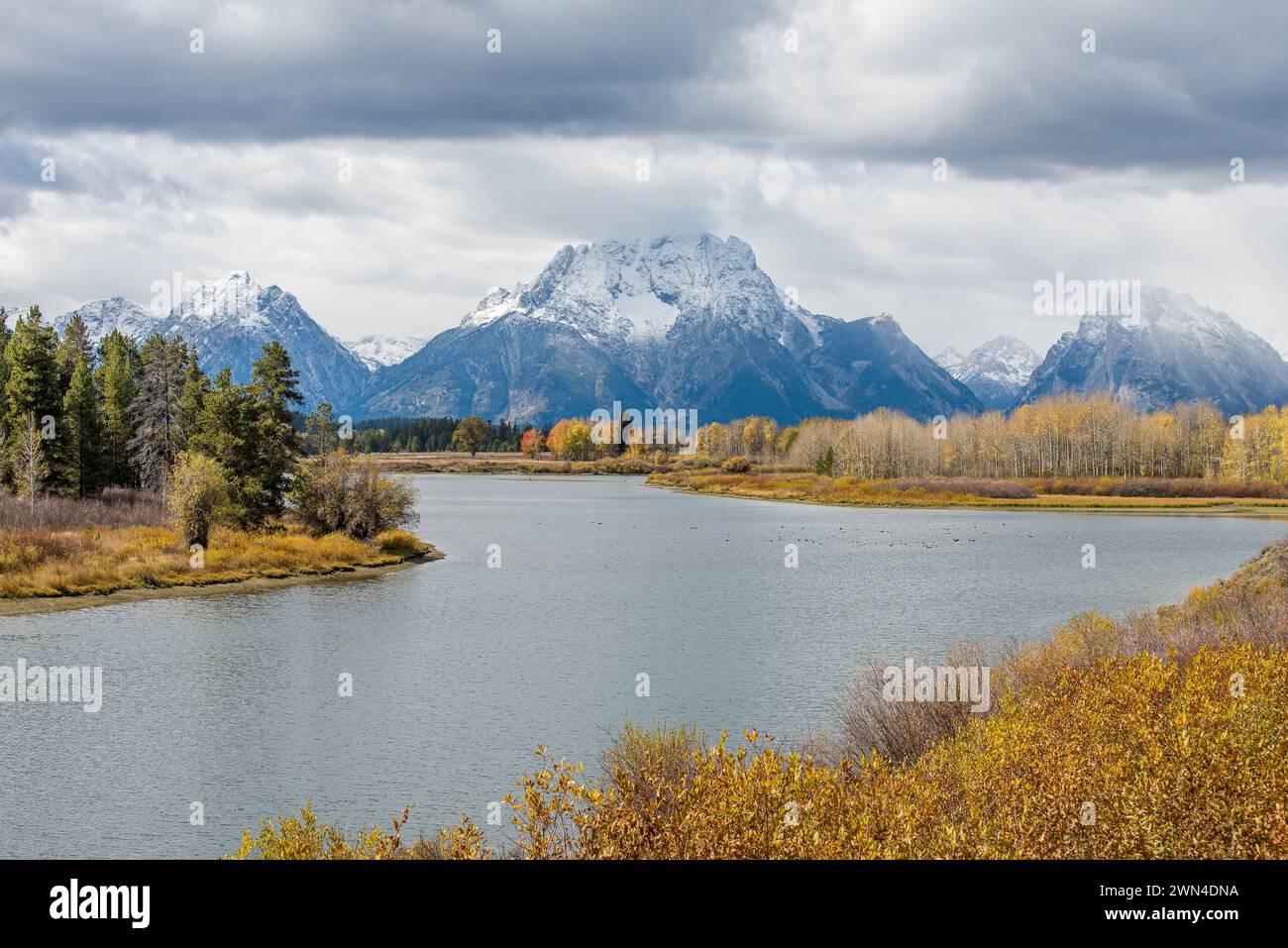 Oxbow Bend a Snake River e Mount Moran nel Grand Teton National Park in autunno nel Wyoming Foto Stock