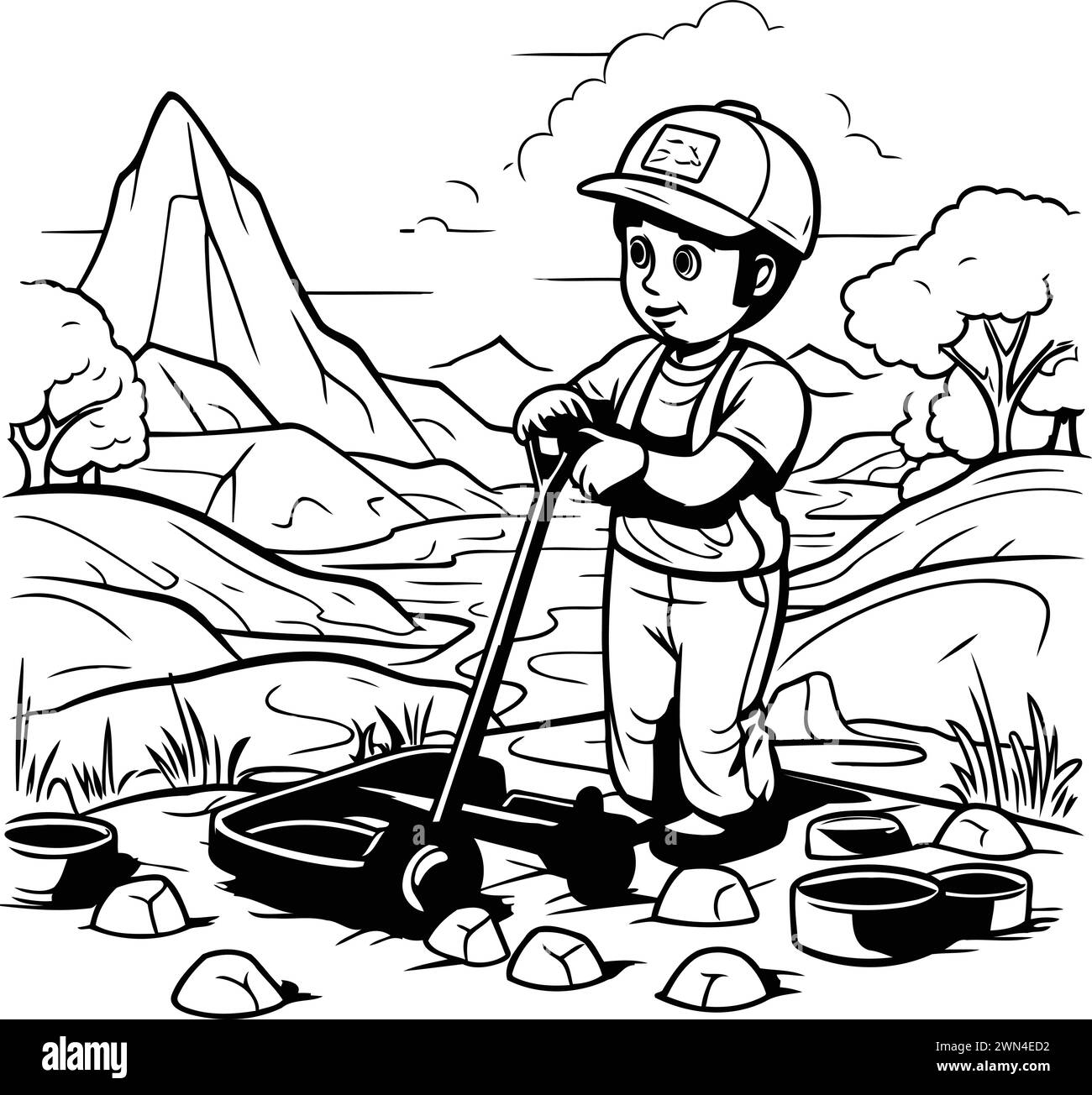 immagine di un ragazzo con un casco e un rasaerba Illustrazione Vettoriale