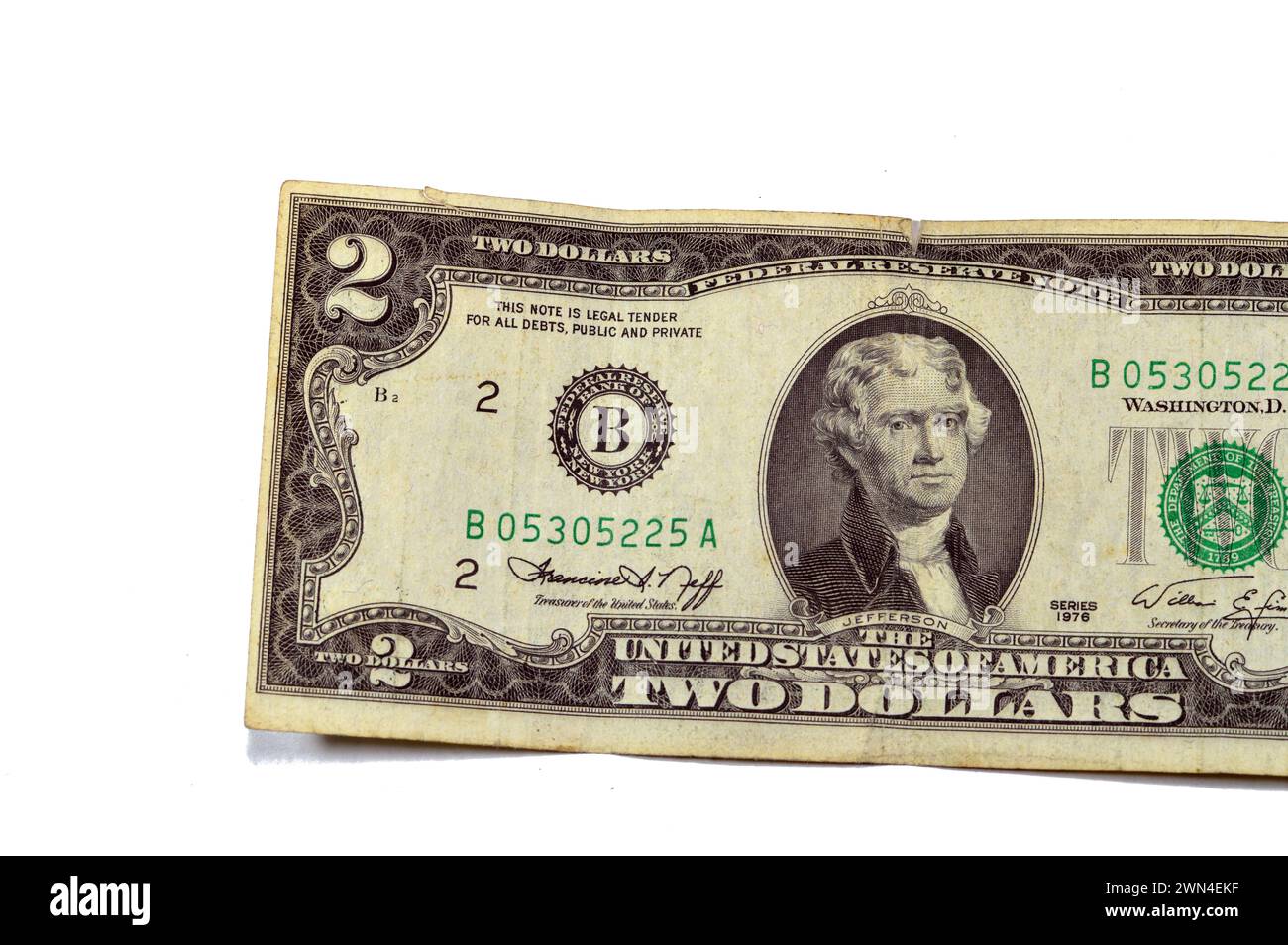 Il lato dritto di 2 banconote da due dollari serie 1976 con il ritratto del presidente Thomas Jefferson, vecchia banconota in moneta americana, vintage retr Foto Stock