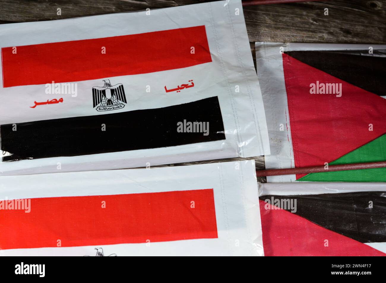 La bandiera egiziana e palestinese, traduzione dell'arabo (lunga vita all'Egitto), bandiera della Palestina e dell'Egitto, l'amicizia tra i paesi arabi con Foto Stock