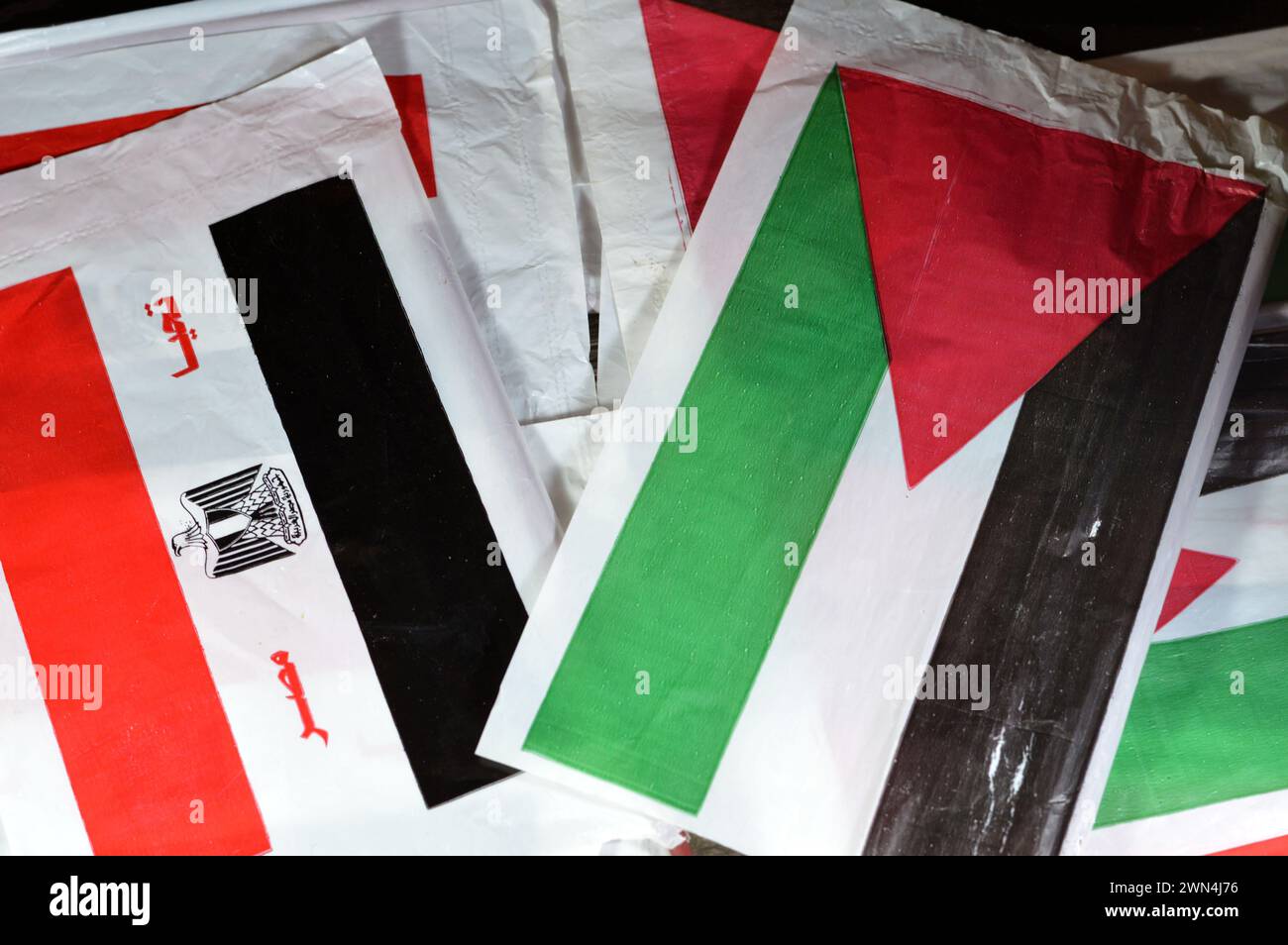 La bandiera egiziana e palestinese, traduzione dell'arabo (lunga vita all'Egitto), bandiera della Palestina e dell'Egitto, l'amicizia tra i paesi arabi con Foto Stock