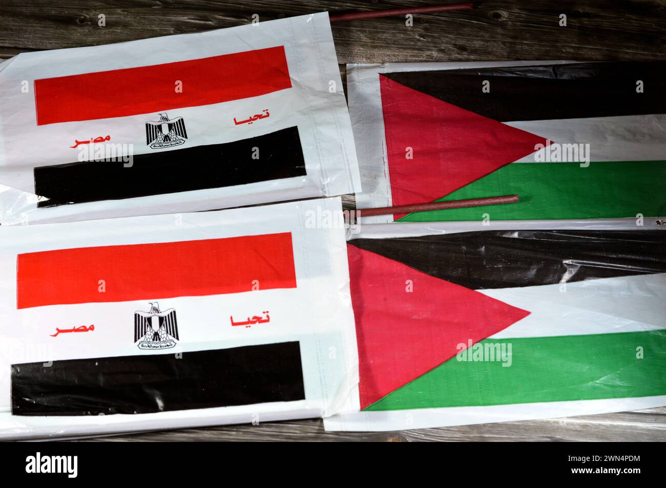 La bandiera egiziana e palestinese, traduzione dell'arabo (lunga vita all'Egitto), bandiera della Palestina e dell'Egitto, l'amicizia tra i paesi arabi con Foto Stock