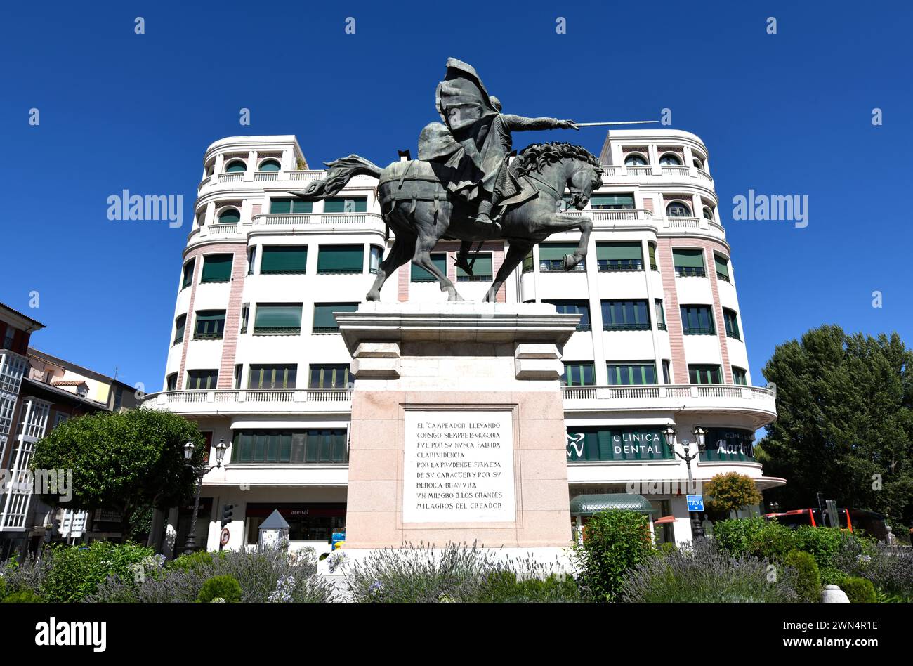 Statua ecuestriana di El cid Campeador realizzata da Juan Cristobal Gonzalez Quesada. Mio Cid Square, Burgos, Castilla y Leon, Spagna. Foto Stock