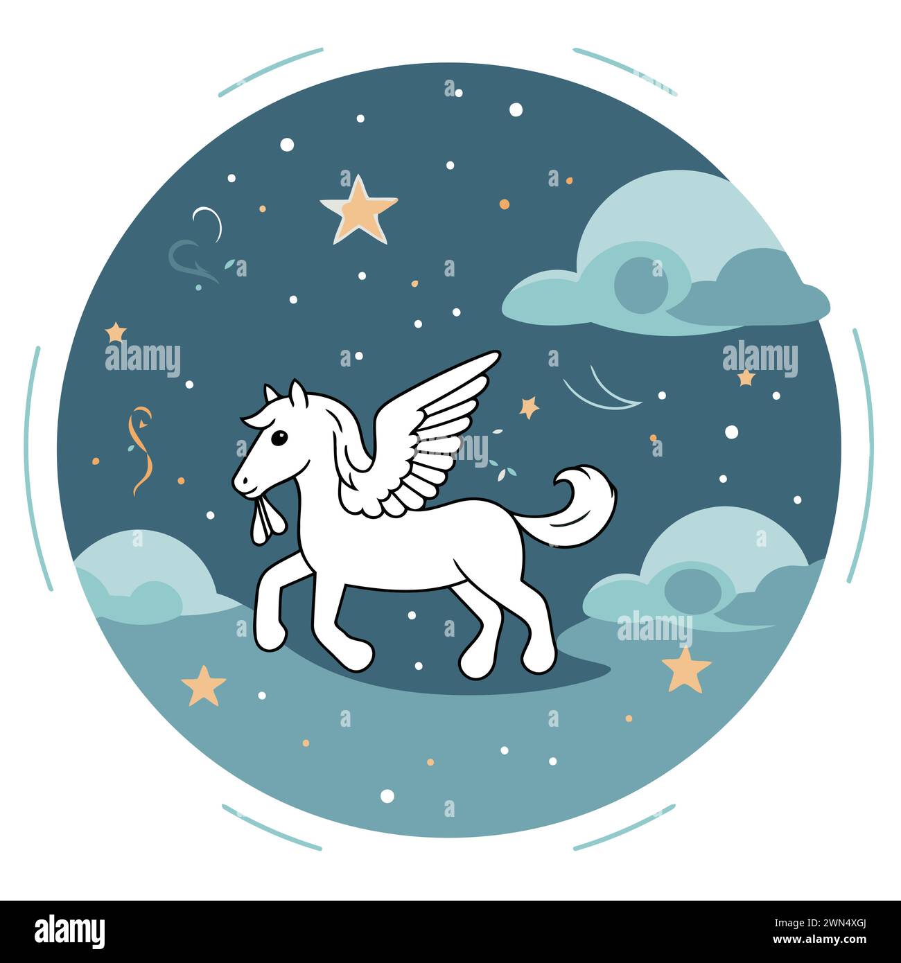 Unicorno nel cielo stellato. Illustrazione vettoriale in stile cartone animato. Illustrazione Vettoriale