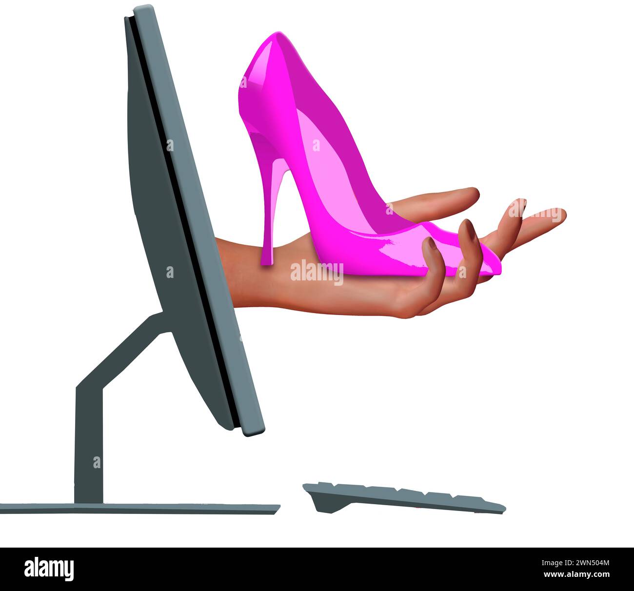 Lo shopping online è rappresentato da una mano che tiene e offre una scarpa con tacco alto in vendita. Il braccio e la mano escono dallo schermo di un computer in 3D. Foto Stock