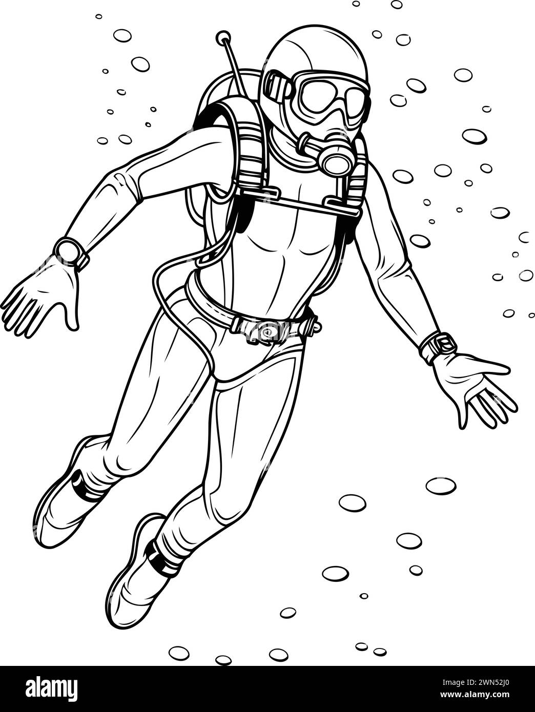 Schizzo di un subacqueo con una tuta da immersione. Illustrazione vettoriale. Illustrazione Vettoriale