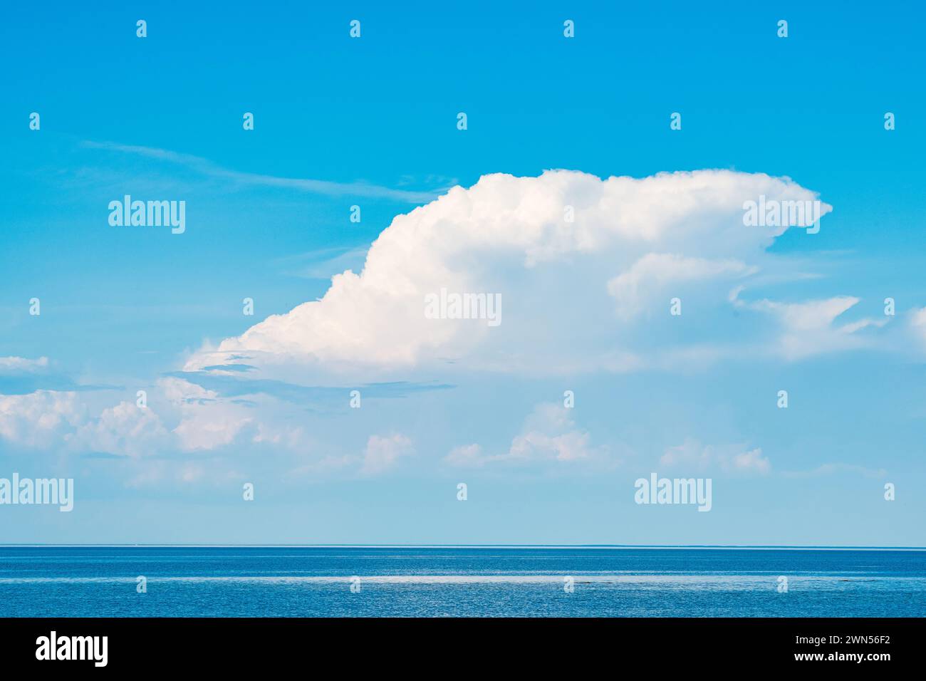 Una nuvola solitaria e maestosa domina un cielo blu limpido, delicatamente rispecchiato dalle tranquille acque di un lago in Svezia. L'ambiente estivo riflette una pace Foto Stock