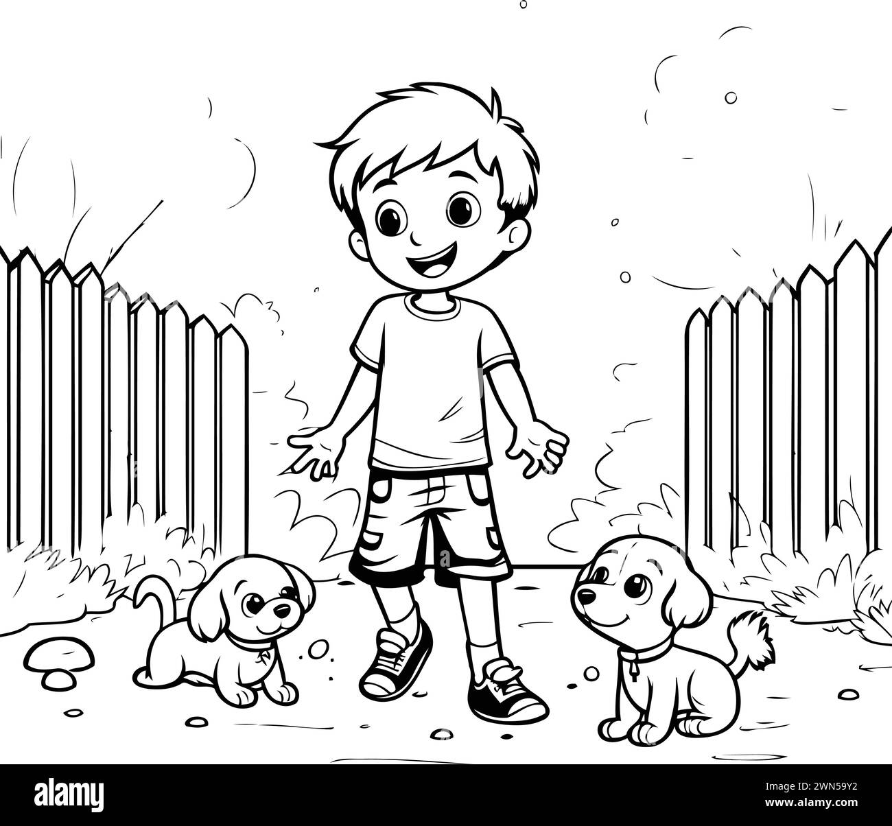 Ragazzo che gioca con i suoi cani. Illustrazione vettoriale in bianco e nero per il libro da colorare. Illustrazione Vettoriale