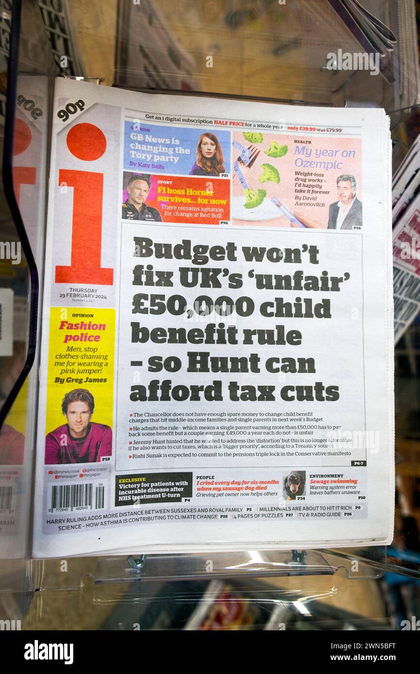 Tory Spring "budget Will not fix's 'sleale' £50.000 child benefit rule del Regno Unito - so (Jeremy) Hunt può permettersi tagli fiscali" i titoli di giornale in prima pagina 2024 UK Foto Stock