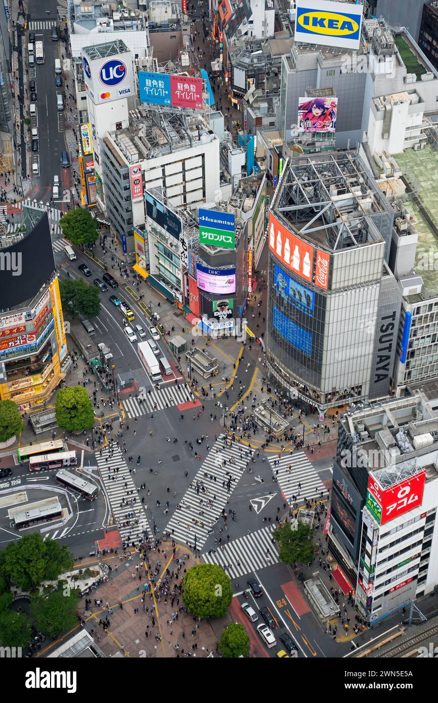 Cartelloni pubblicitari digitali e pedoni che utilizzano lo Shibuya Scramble Crossing, l'intersezione pedonale trafficata a Shibuya nella capitale Tokyo, Giappone Foto Stock