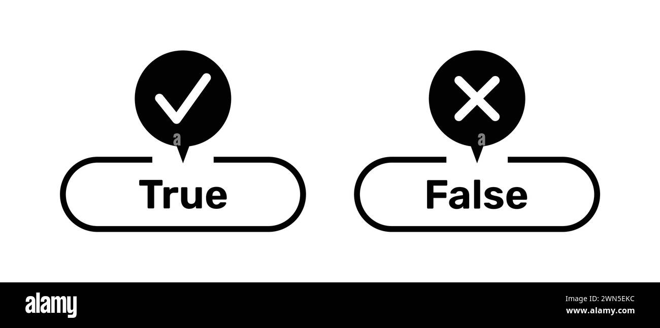 Simboli corretti e errati con pulsanti True e False di colore nero. Pulsanti vero e falso con simboli giusti e errati. Icona della casella di controllo con una croce di spunta. Illustrazione Vettoriale