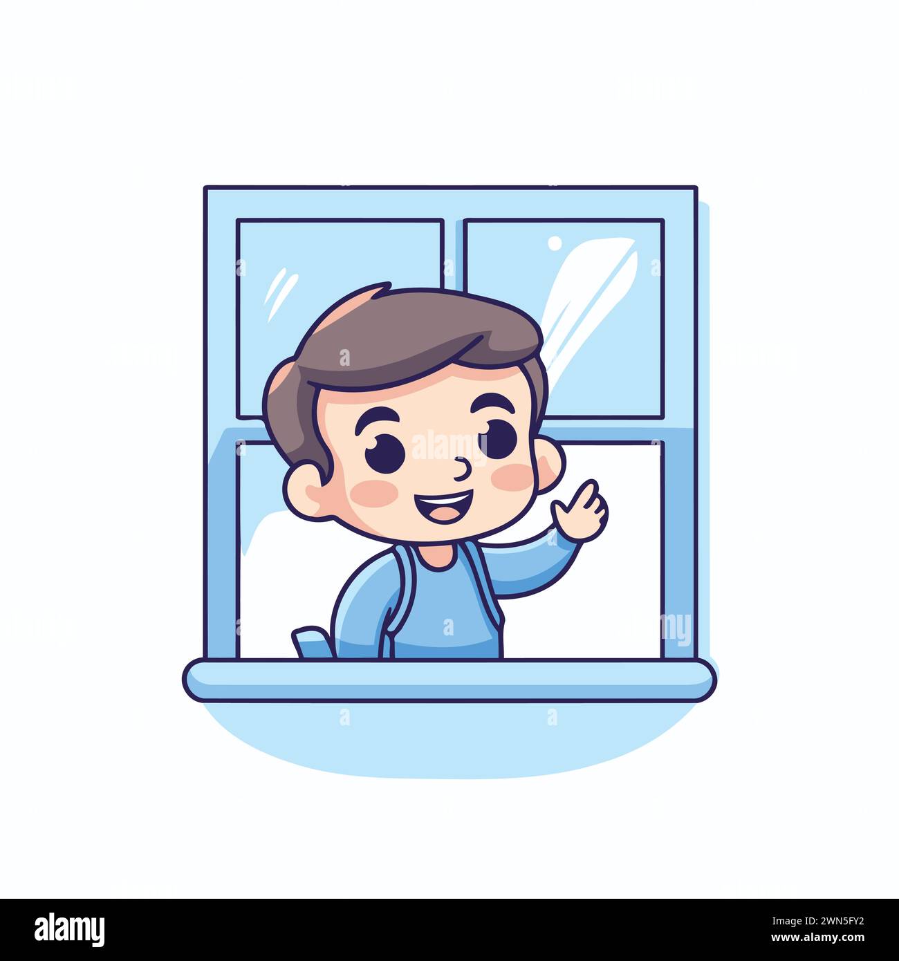 Ragazzo carino che guarda dalla finestra. Illustrazione di un cartone animato piatto vettoriale. Illustrazione Vettoriale