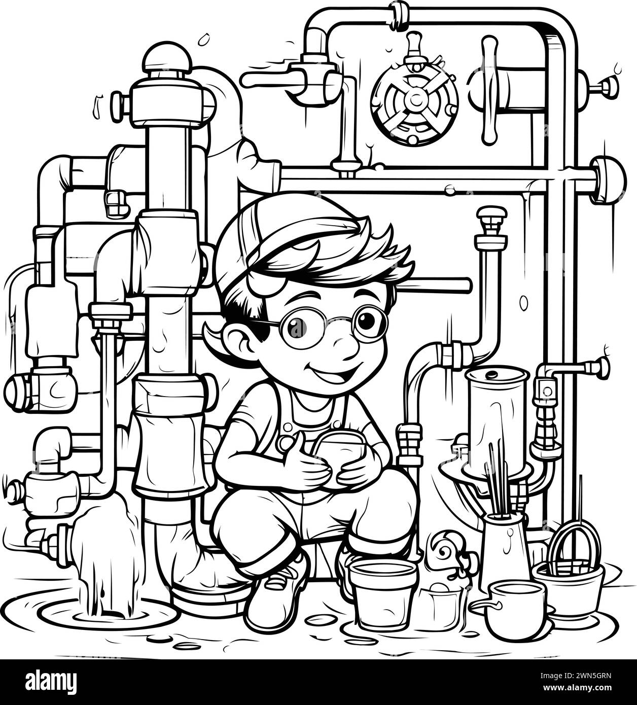 Illustrazione in bianco e nero di Kid Boy Plumber riparazione tubo acqua per colorare il libro Illustrazione Vettoriale