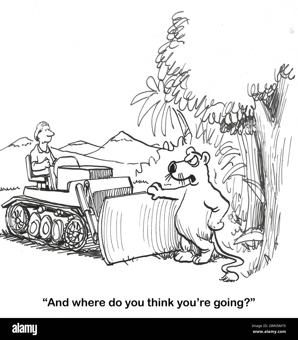 Il cartone animato BW mostra un orso selvatico che impedisce al bulldozer di distruggere il bosco. Foto Stock